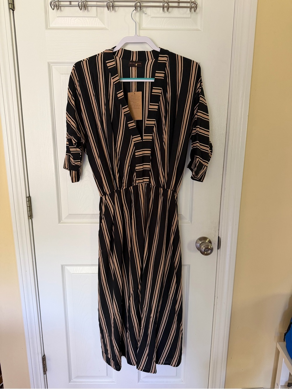V-Neck Striped Midi Dress in Black and Beige